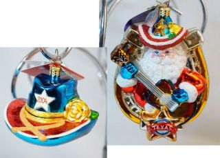 2 Christopher Radko Texas Christmas Ornaments Cowboy Hat & Lonestar Melody Santa