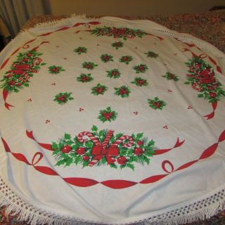 Vtg Christmas 64 " Tablecloth Round With Fringe Holly Berries Candy Canes