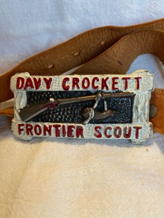 Vintage Davy Crockett Frontier Scout Leather Belt & Metal Buckle 1960’s