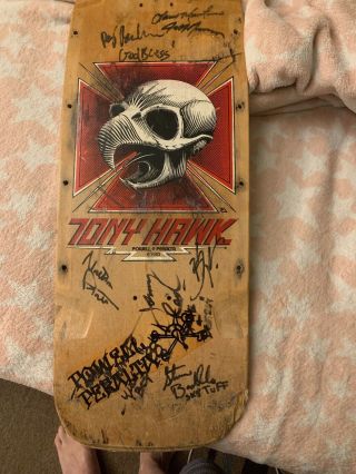 Vintage 1983 powell peralta Tony Hawk Pig skateboard deck W Various Autographs. 3