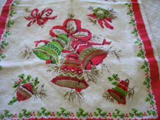 Vintage Christmas Kitchen Tea Towel Linen Bells Ornament Candy Cane Sweet
