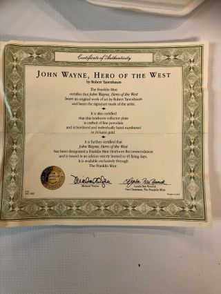 Vintage Franklin John Wayne Hero of the West Plate 2