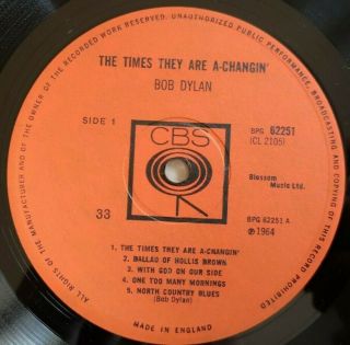 Bob Dylan Lp The Times They Are A Changin Uk Cbs Mono 1st Press Textured A1 B2,