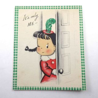 Vintage 1950s Susie Q Norcross Christmas Card Cute Winking Girl Peeks By Door