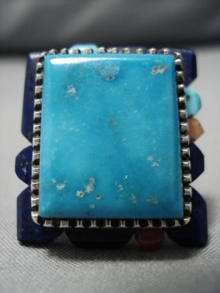 Striking Vintage Zuni Navajo Lapis Inlay Turquoise Coral Sterling Silver Ring