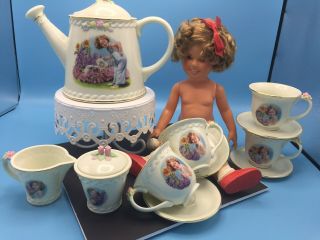 Full Size Danbury Shirley Temple Porc.  Tea Set For 4,  Vinyl Shirley Doll
