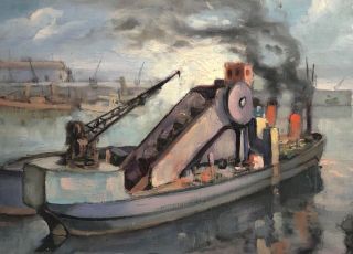 Striking Vintage Harbor Boat Study Impressionist Oil Painting On Board