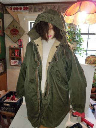 Vtg M - 1948 Military Parka Medium Shell Pile Liner Hood Army Fishtail Jacket
