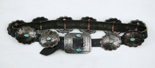 Vintage Leather & Sterling Silver Concho Belt With Turquoise 33 " (small)