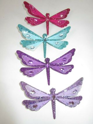 4 Jeweled Glittered Dragonfly Purple Lavender Hot Pink Teal Dragonflies Clip On
