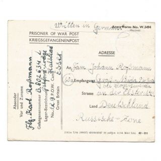 Ww2 German Prisoner Of War Pow Post Card Mailed England In German