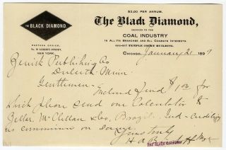 Chicago Black Diamond Coal Industry 1897 Letterhead Document Letter