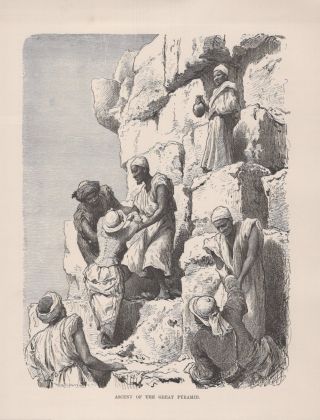 Ascending The Great Pyramid Egypt - 1878 Steel Engraving Print - C.  Rudolf Huber