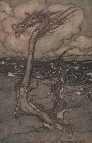 Girl Rides Sea Serpent Monster Dragon Arthur Rackham 1913 Tipped - In Art Print