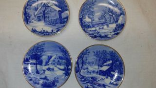 Vtg 4 Currier And Ives " The Old Homestead In Winter Blue Collectible Plate 4 "