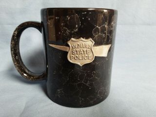 Indiana State Police Black Marbleized Coffee Mug With Glued On Metal Emblem