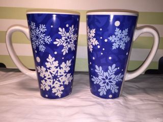(2) Vintage Tall Large Ceramic Coffee Mug Tea Cup Blues With White Snowflakes