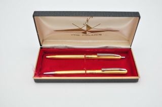 Vintage Polaris Rocket Ball Point Pen Pencil Set Electroplate Gold Box