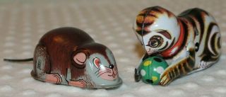 2 Vintage Wind Up Toys Cat & Mouse Tin Litho Wind Up Toys