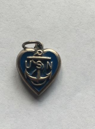 Vintage Ww2 Sterling Silver & Enamel Us Navy Heart - Shaped Pendant Charm