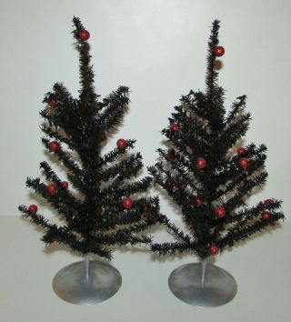 (2) 15 " Black Tinsel Christmas Trees Table Top Size W/red Glitter Ornaments
