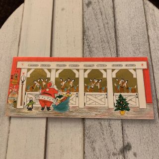 Vintage Greeting Card Christmas Santa Claus Santa’s Reindeer In Barn Gold