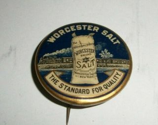 Antique Worcester Brand Salt Advertising Pin Pinback Pat 1896 Whitehead & Hoag