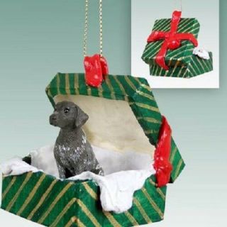 German Shorthair Christmas Green Gift Box Ornament Hand Painted Figurine Dog
