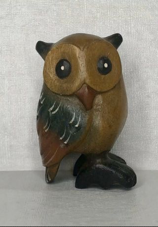 Wooden Owl Hand Carved Folk Art Small Wood Figurine Statue Hand Painted 3”