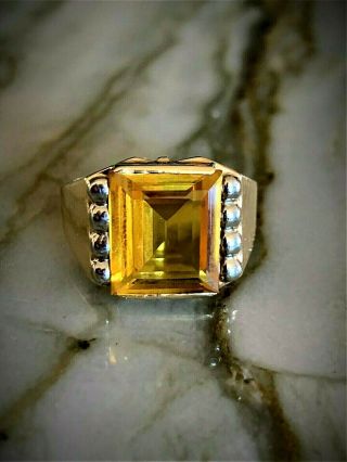 Spectacular Vintage 1960 ' s Large Golden Yellow Sapphire Yellow Gold Man ' s Ring 2
