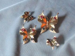 Vintage Crown Trifari Sterling Rhinestone Cabochon Pair Butterfly Pins Earrings