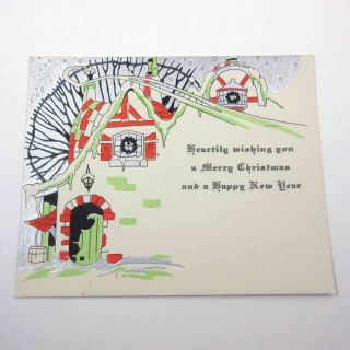 Vintage Art Deco Silvered Christmas Card Snow Covered House Cottage