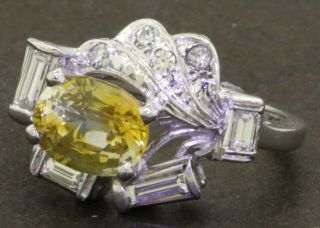 Vintage 1950s 14k Wg 2.  34ctw Vs Diamond/8 X 6.  5mm Yellow Sapphire Cocktail Ring