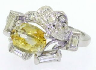 Vintage 1950s 14K WG 2.  34CTW VS diamond/8 X 6.  5mm Yellow sapphire cocktail ring 2