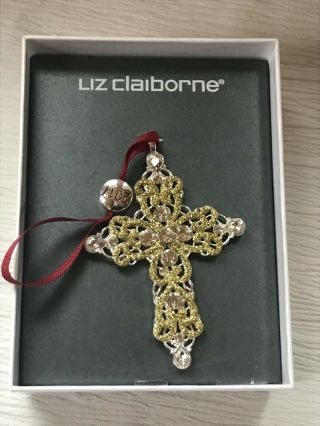 Liz Claiborne 2017 Lacey Silvertone Cross With Clear Rhinestone & Gold Sparkly