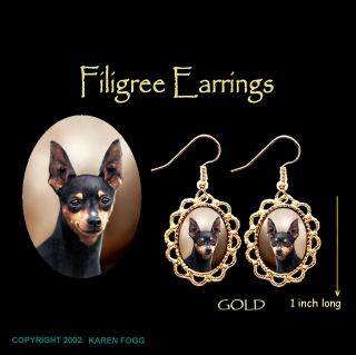 Miniature Pinscher Dog Black - Gold Filigree Earrings Jewelry