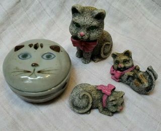 Takahashi Cat Potttery Trinket Box Hand Painted Glazed Pottery W/kitten Figures