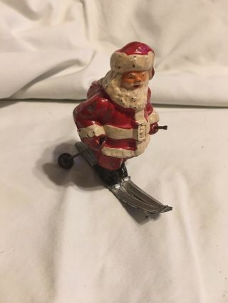 Old Metal Barclay,  Lead Santa Claus On Skis For Xmas Village.  Toy Train Lionel