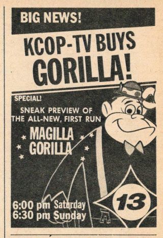 1963 Tv Cartoon Debut Ad Magilla Gorilla Hanna Barbera Kcop Sneak Preview