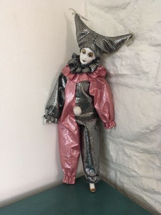 Porcelain Jester Clown Doll,  Pink And Black Cloths