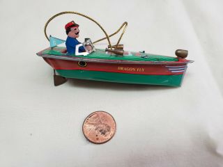 Vintage Schylling Tin Litho Speedboat Christmas Ornament Dragon Fly
