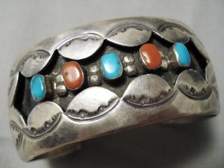 Important Vintage Navajo Turquoise Coral Long Family Sterling Silver Bracelet