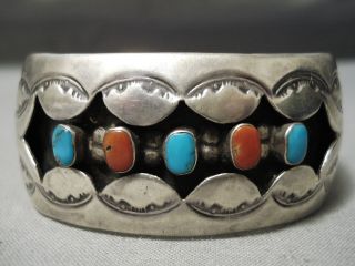 IMPORTANT VINTAGE NAVAJO TURQUOISE CORAL LONG FAMILY STERLING SILVER BRACELET 2
