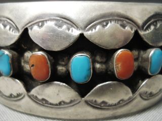 IMPORTANT VINTAGE NAVAJO TURQUOISE CORAL LONG FAMILY STERLING SILVER BRACELET 3