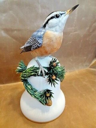 Franklin Porcelain Bell,  Nuthatch On Finial With Raised Floral Accents 1981