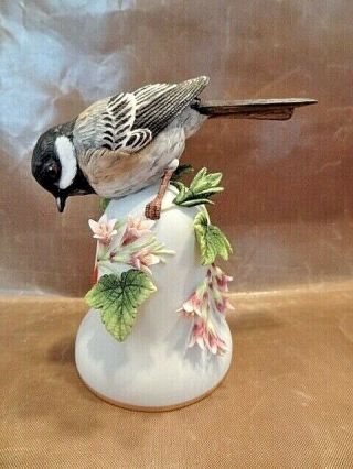Franklin Porcelain Bell,  Goldfinch On Finial,  Raised Floral Accents 1981