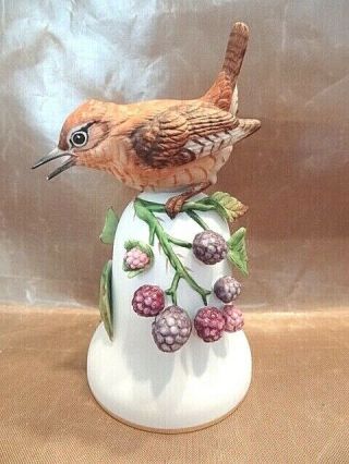 Franklin Porcelain Bell,  Wren On Finial With Raised Floral Accents 1981