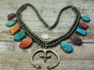 Vtg Pawn Navajo Sterling Silver Turquoise & Spiny Oyster Squash Blossom Necklace