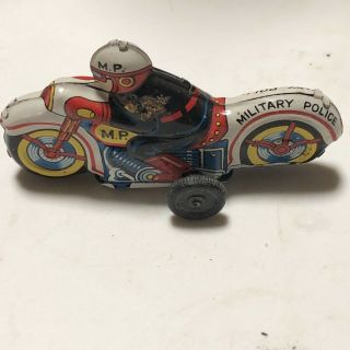 Tin Litho Friction Powered Military Police Motorcycle Japan