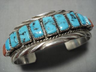 Incredible Vintage Navajo Sterling Silver Turquoise Coral Cuff Bracelet Old